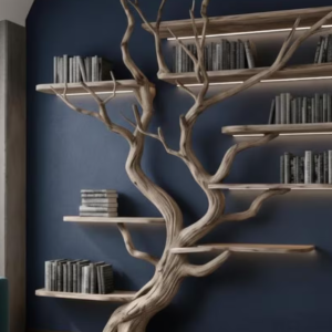 Black White Tree Branch Driftwood Floating Bookshelf Wall Mounted, Luxury Modern Japandi Home Bookshelves