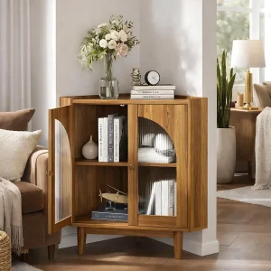 Fluted Corner Cabinet with Doors and Shelves, Freestanding Walnut Corner Storage Organizer